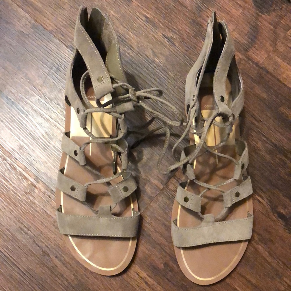 Almond Color suede lace up sandals sz 9.5